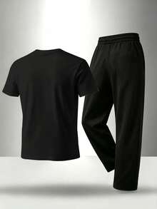 Plus Size 2-Piece Set T-Shirt And Straight Leg Pants Outfit "Hook U" Small Logo Print Men's Casual Short Sleeve Knit T-Shirt And Sweatpants Set, Spring/Autumn Men's Wear, Machine Washable - Black - View 3