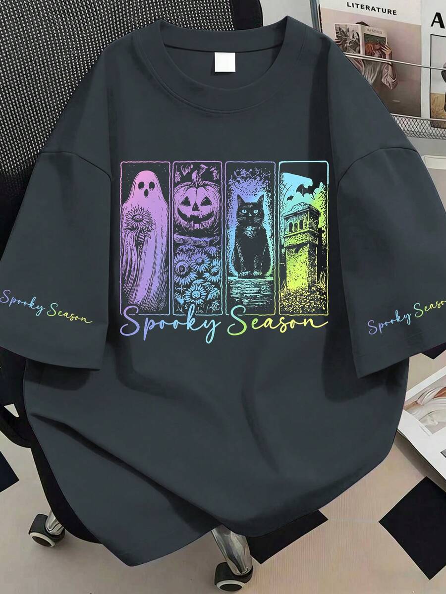 Damen T-Shirt in Große Größen mit Halloween-Muster - Lässiges Kurzarm Rundhals T-Shirt, aus Stoff. Locker geschnittenes Rundhals T-Shirt für den Sommer - Dunkelgrau - Übersicht 1
