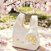 1pc Sanrio Hello Kitty Embroidered Corduroy Handbag, Cute Girl Mini Tote Bag For Daily Commute And Shopping, Christmas Halloween Birthday Gift - Multicolor - View 12