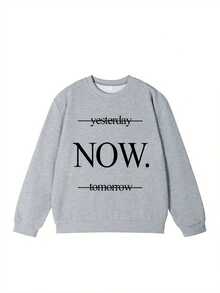 女款極簡語錄文字印花圓領秋冬衛衣，「Yesterday Now Tomorrow」，日常穿搭，派對造型 - 灰色 - 查看 5