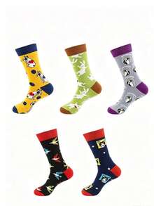 1/5 Pairs Back To School Cartoon Jacquard Mid-Calf Socks, Unisex French Bulldog Rabbit Penguin Fun Pattern Casual Long Socks, Autumn - Multicolor - View 6