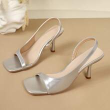 Summer New Shiny Silver Square Toe Open Toe Sandals Minimalist Back Strap Stiletto High Heel Slingback Shoes Elegant Versatile Party Commute Fairy Shoes - Silver - View 7