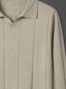 Men's Collared Knit Sweater, Vertical Striped Slimming Versatile Long Sleeve Top - Green - View 10