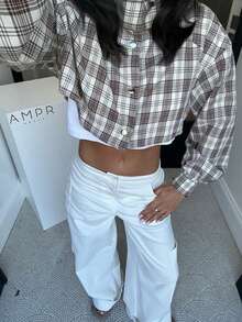 Women's Light Khaki Plaid Short Jacket, Stand Collar, Metal Buttons, Autumn Fashion Casual Loose Fit - Khaki - View 5