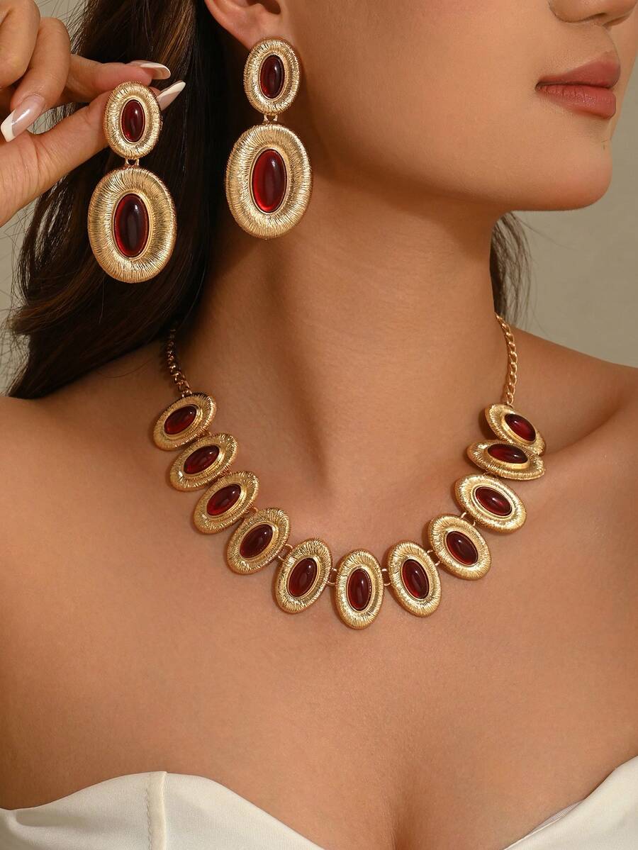 1 Set 3pcs Fashion Elegant Luxury Micro-Inlaid Red Faux Gemstone Teardrop Shape Patchwork Necklace & Earrings Set, Suitable For Women's Daily, Vacation, Party, Halloween Wear - Red - View 1