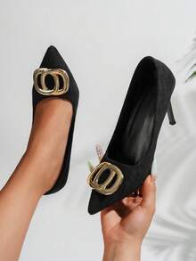 NANBEI ZUO Fashionable Gold Buckle Women's Black Fine Heeled Shoes - Simple And Versatile Office Style Spring/Autumn Daily Pointed Toe High Heels - Black - View 1