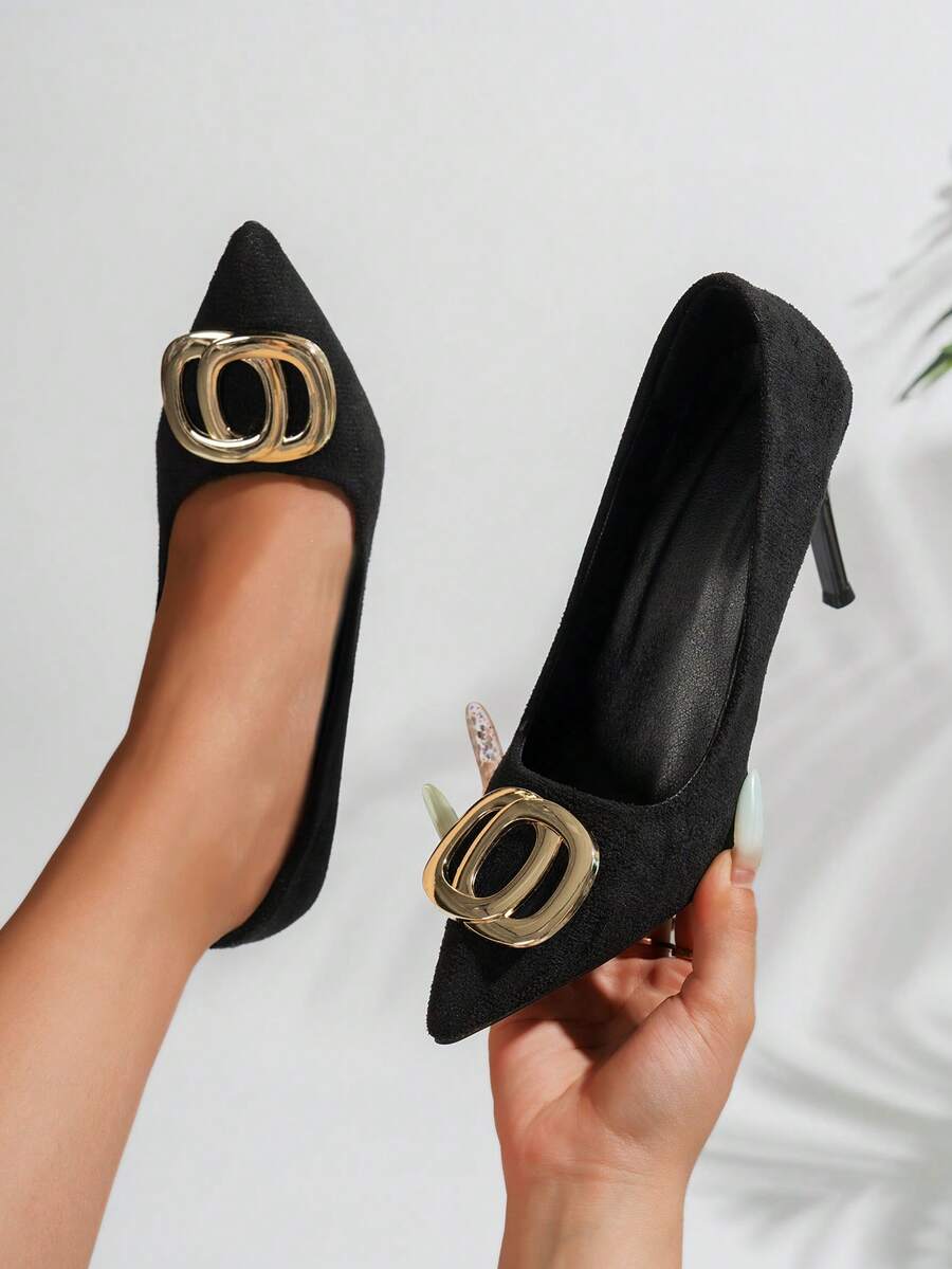 NANBEI ZUO Fashionable Gold Buckle Women's Black Fine Heeled Shoes - Simple And Versatile Office Style Spring/Autumn Daily Pointed Toe High Heels - Black - View 1