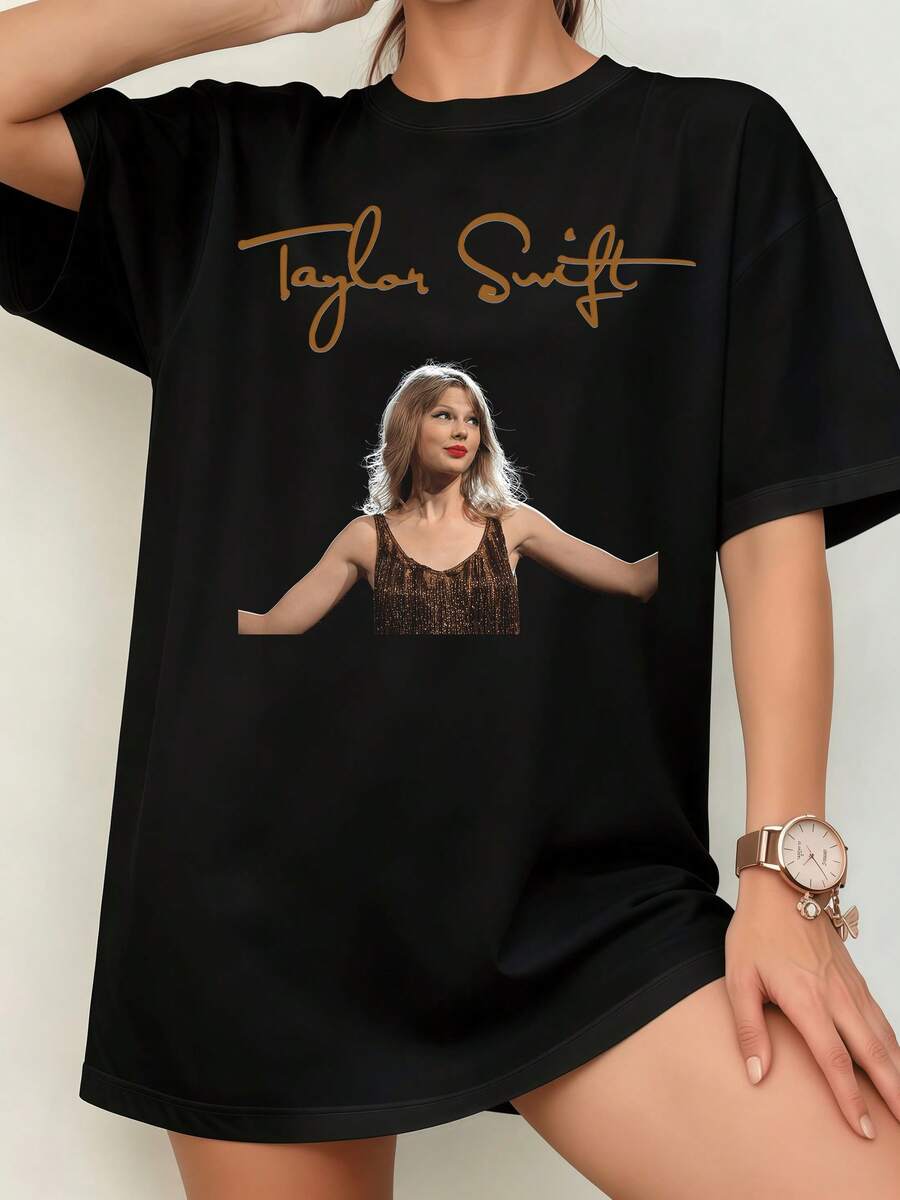 Unisex Celebrity-Print T-Shirt - A Gift For Fans - 黑色 - 查看 1