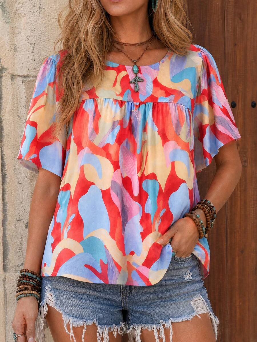Women's Abstract Pattern Loose Fit Round Neck Blouse Summer Vacation - Multicolor - View 1