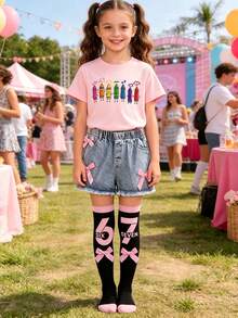 1/2 Pairs Girls Number 67 Print Bow Decor Knee High Socks, Pink And ...
