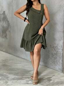 Vestido corto sin mangas de talla grande para mujer, con cuello asimétrico, botones, tela texturizada, bajo con volantes y corte en A, estilo casual para vacaciones de verano - Verde militar - Ver 4
