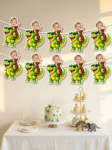Custom Photo Kid Riding T-Rex Dinosaur Banner,Explorer Outfit Portrait Garland,Green T-Rex Themed, Birthday Gift For Dino Lover,Dinosaur Party Decor - Multicolor - View 5