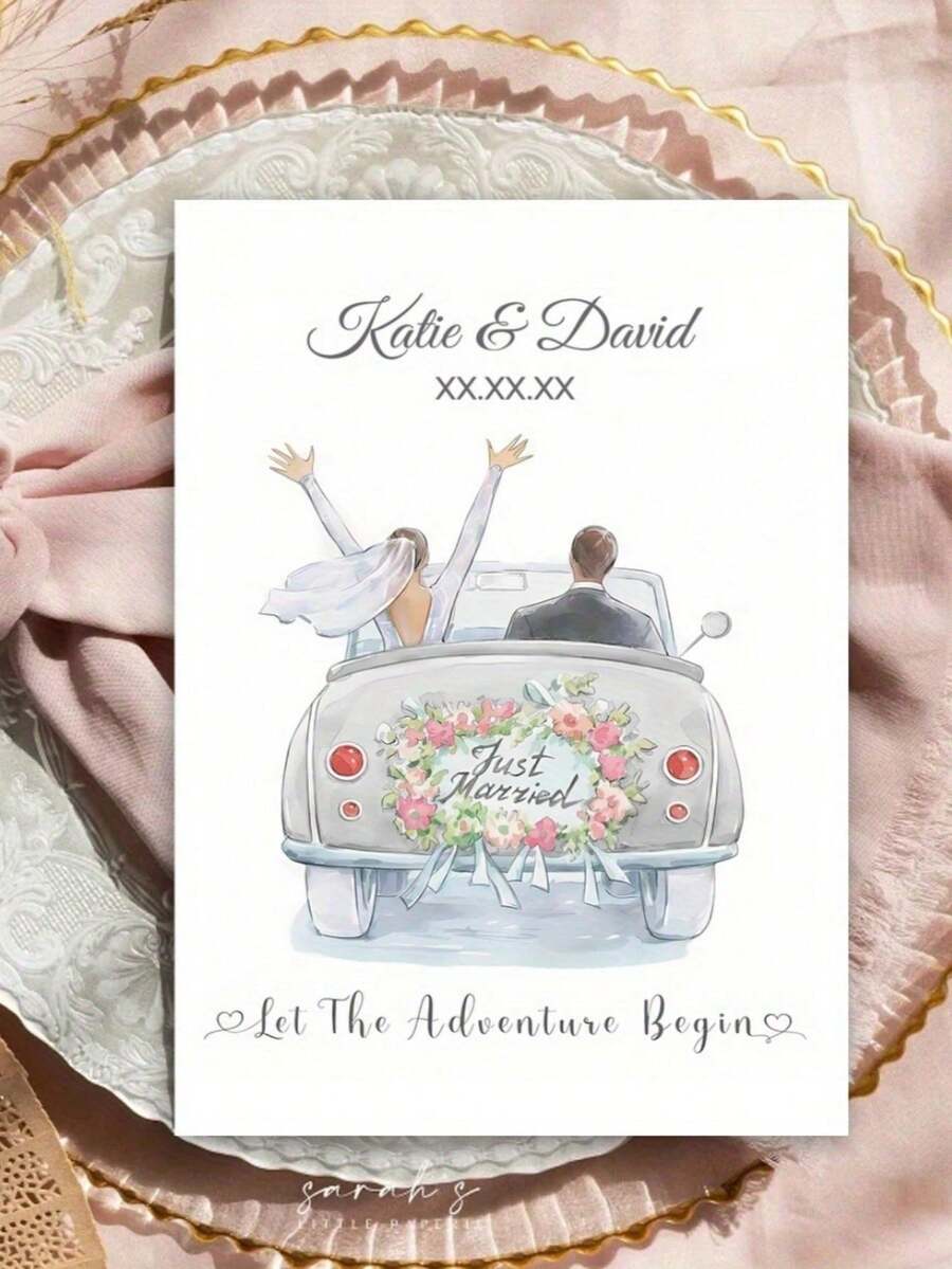Customized Wedding Greeting Card, Engagement, Anniversary, Valentine's Day, Sincere Congratulations Gift Card, Suitable For Newlyweds, Couples, Personalized Name And Date - Multicolor - View 1