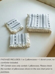 2/3件組 灰色與白色復古蝴蝶結條紋刺繡蕾絲被套組（1件被套 + 1/2件枕套，不含填充物），柔軟透氣聚酯纖維泡泡布印花床上用品套裝，適合四季使用，學生返校被套，可機洗，單人/雙人/加大/特大 - 灰色 - 查看 10
