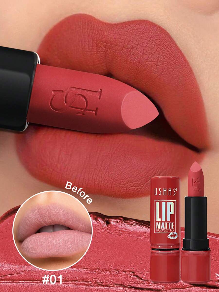 Lipstik Matte USHAS, 7 Warna, Membuat Bibir Lebih Penuh, Menyamarkan Garis Bibir, Efek Fokus Lembut Beludru - #01 Coral Nude - View 1