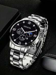 4pcs Men's Quartz Watch & Cross Series Jewelry Set, Casual Versatile Style, Perfect Gift Choice - Set - View 10