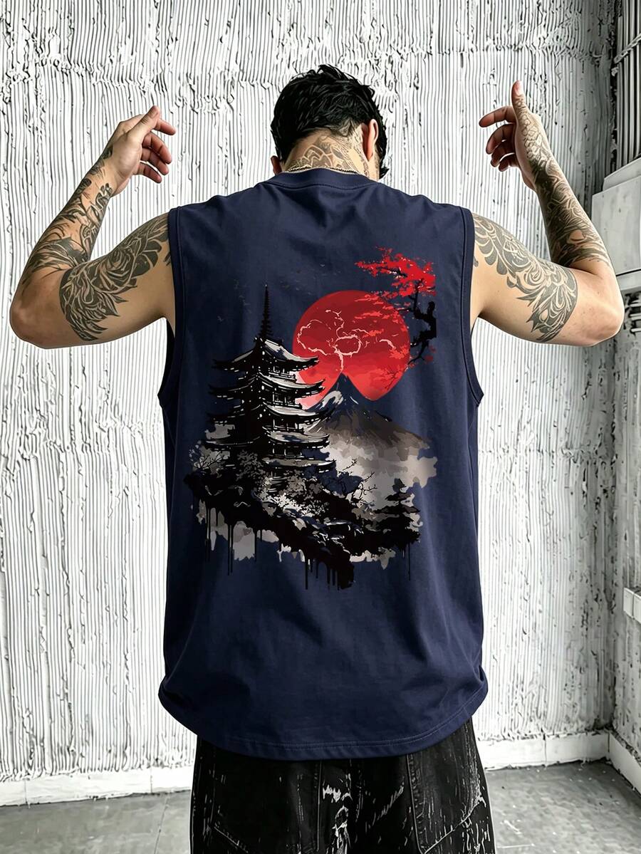 男士夏季時尚百搭休閒風景紅梅多元素印花圓領背心 - 藏蓝色 - 查看 1