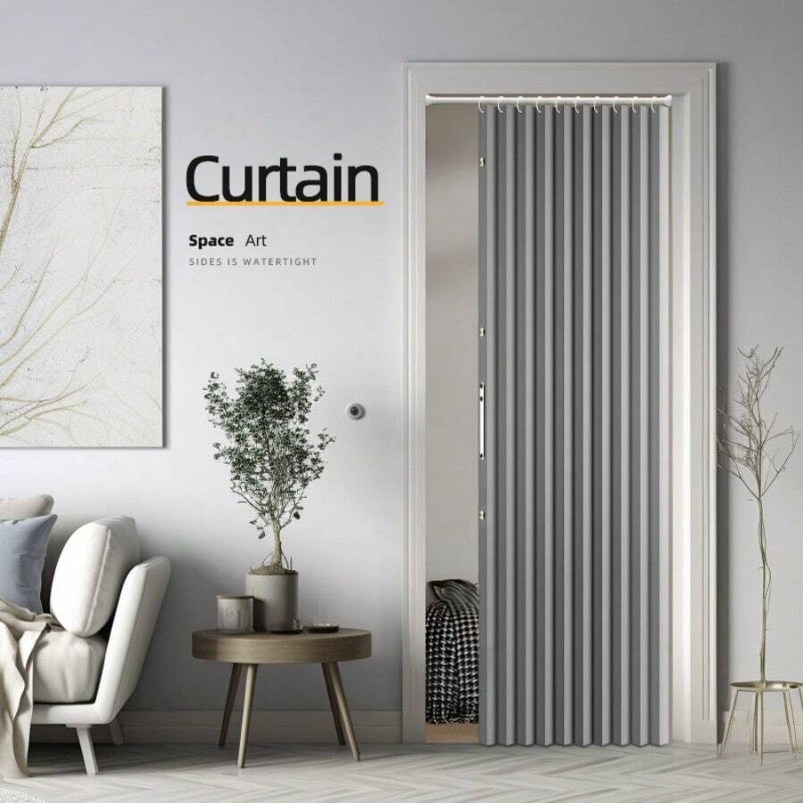 1PC Magnetic Folding Door Curtain, With Hanging Rings And Magnetic Closure, Beige And Grey Colors Available, Suitable For Living Room, Bedroom And Kitchen Space Partitioning, As Well As Room Decoration.