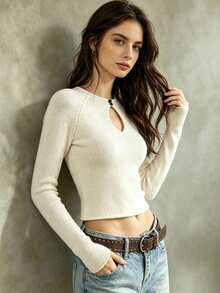 Women's Round Neck Solid Color Fitted Short Long Sleeve Knit Top, With Water Drop Shaped Button Detail, Casual Elegant Autumn Style, Versatile For Vacation - Apricot - View 5