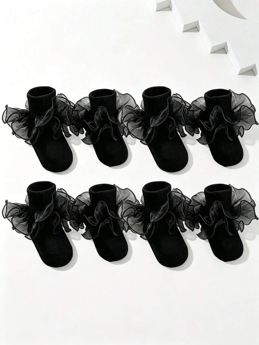 4 Pairs Girls Solid Color Ruffle Decor Cute Daily Wear Ankle Socks, Black Basic Daily School Outfit, Back To School Season Matching School Uniform - Black - View 1