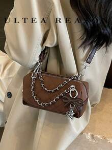 1pc Solid Color Suede New Women's Bag, Shoulder Bag, Crossbody Bag, Fashion Quilted Chain Square Handbag, Suitable For Commuting, Shopping, Dating - Coffee - View 3