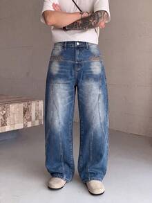 1pc Men's Loose Wide Leg Denim Jeans, Multi-Craft Design, Fashion Versatile, Suitable For All Seasons - Blue - View 5