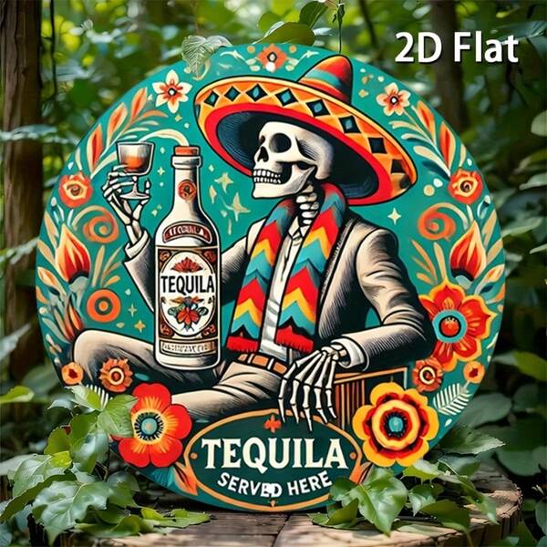 2D Flat Style Vintage Round Iron Sign Agave Theme Metal Wall Art, Vibrant Mexican Decor Design, Suitable For Home, Garage, Restaurant, Cafe, Metal Wall Art Decoration, Pre-Drilled Holes, Style As Shown In Dimension Diagram