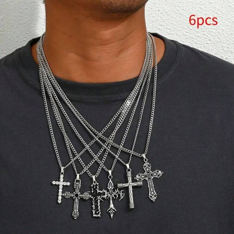6pcs/Set, Men's Vintage Coptic Cross Pendant Necklace Set, Stainless Steel Versatile Neck Accessory, Daily Party Exquisite Accessory, Street Fashion Jewelry, Unique Personalized Ornament, Perfect Birthday Gift - 6pcs/set - View 1