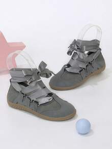 Girls' Gentle Ballet Style Casual Shoes, Self-Tie Grey Bow Satin Ribbon Flat Shoes, Suitable For All-Season Outings And Daily Wear - Grey - View 6