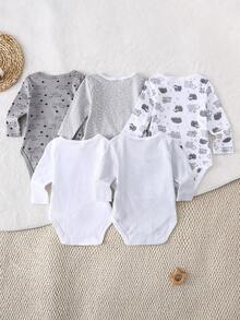 DILAVEL 5PCS Autumn And Winter New Baby Long Sleeved Bodysuit Suitable For Babies, Cute Cartoon Elephant Embroidery Pattern, Cotton Soft And Skin Friendly Fit - Dusty Purple - View 3