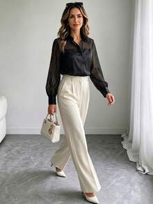 Women's Elegant Black Satin Blouse, Contrast Mesh Long Sleeve, Regular Fit Shirt Collar, Exquisite Polyester Top - Black - View 3
