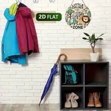 Placa de pared redonda de madera plana 2D vintage "Pequeño Explorador" con tema de jungla, patrón de elefante, jirafa y rinoceronte - Adecuada para habitación de niños, cafetería, bar, decoración estilo jungla - A - Ver 4