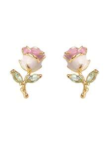 1 Pair Enamel Rose Flower Earrings, Delicate Micro-Inlaid Zirconia Rose Flower Earrings - Multicolor - View 2