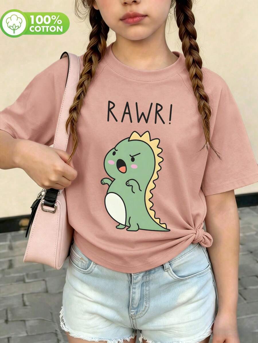 Tween Girls' Pure Cotton Raglan Short Sleeve T-Shirt, Graphic Print, Soft, Breathable & Loose Fit, Cute Sweet Preppy Kid Style - Pink - View 1