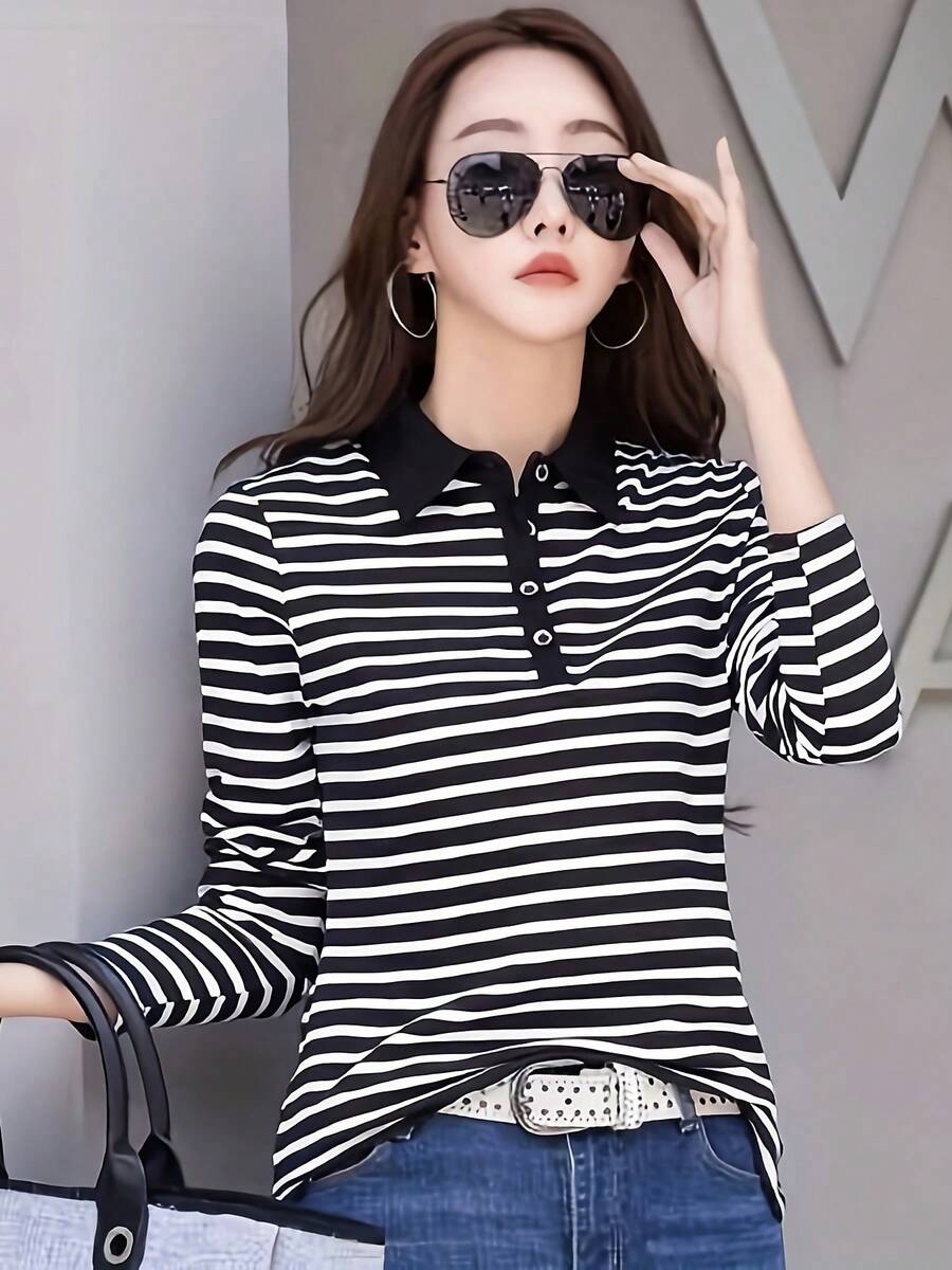 Women's Autumn Striped Colorblock Patchwork Striped Collar Long Sleeve T-Shirt, Button-Up Polo Neck Base Layer Top - Black - View 1