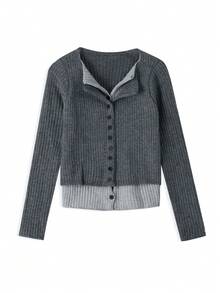 Atasan Rajut Berkerah Lengan Panjang 2 In 1 Gaya Korea dengan Blok Warna untuk Wanita, Potongan Ramping, Panjang Pendek, Elegan, Kasual, dan Liburan. - Grey - View 5
