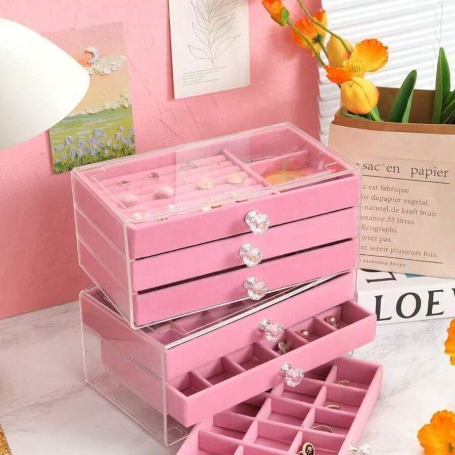1pc Velvet Divided Jewelry Storage Box, Lid With Built-In Chain Hook, Lower Layer With Divided Velvet Slots, Compartments For Rings, Earrings, Bracelets, Necklaces, Metal Lock To Prevent Dust And Oxidation, Multi-Color Soft Velvet Surface, Portable Large Capacity Vanity Jewelry Organizer Box - Multicolor - View 1