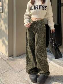 Women's American Style Leopard Print Wide Leg Jeans, Spring/Autumn Design, High Waist Slimming Height-Enhancing Loose Straight Leg Denim Pants, - Picture Color - View 6
