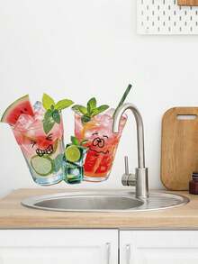 1pc Cartoon Expression Mint Lime Watermelon Iced Drink Wall Decor Sticker, Removable Room Decoration Wall Decal For Bedroom, Living Room, Kitchen - 1PC - View 2