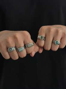 5pcs Vintage Distressed Cross Texture Natural Stone Ring Set, Asymmetrical Textured Colorful Stone Rings, American Punk Men's Stackable Hand Jewelry - White K - View 3