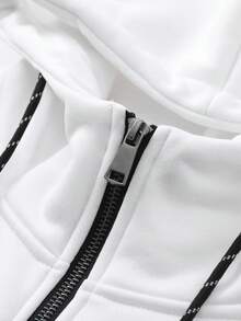 2pcs Black And White Colorblock Hooded Men's Jacket Set, Casual Sports Men's Outfit, Comfortable Long Sleeve Jacket And Pants Two Pieces Set, Men's Zipper Cardigan Jacket With Sports Pants, Side Zipper Pocket Design, Machine Washable, Suitable For Daily Commute And Travel - Black - View 8