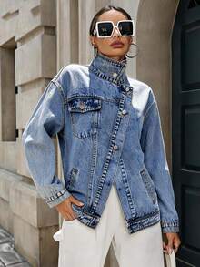 Mobula Sound#Spring/Autumn Versatile Fashion Denim Jacket, Asymmetrical/Asymmetrical Collar, Long Sleeve, Suitable For Campus, Vacation, Daily, Dating, Travel, Airport - Blue - View 7