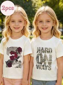 Two-Piece T-Shirt Set For Girls: White Short-Sleeve Crewneck Tee With Red Rose Print & Newspaper-Style Graphic - White + White - View 1