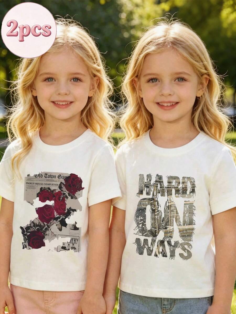 Two-Piece T-Shirt Set For Girls: White Short-Sleeve Crewneck Tee With Red Rose Print & Newspaper-Style Graphic - White + White - View 1