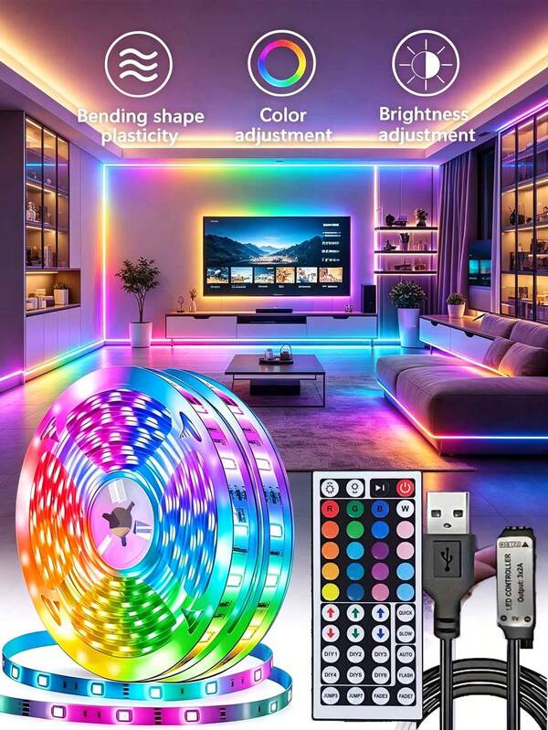 3ft-65ft RGB LED Strip Lights With 44-Key Remote Control, Adjustable Color & Brightness, Cuttable Length, Easy Installation, Suitable For Home Decor, Holiday Ambience, Party Lighting, Fun Lighting And More