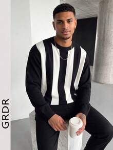 GRDR 1pc Men's Casual Striped Knit Sweater, Autumn/Winter - Black - View 2