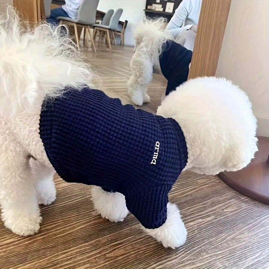 Navy Blue & Gray 2 Colors Pet Waffle Knit Letter Embroidered Sweatshirt, S-XL Full Size, Spring/Autumn, Small Cats & Dogs, Versatile Base Layer For Outdoor & Indoor Wear - Multicolor - View 1