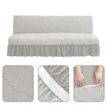Sofa Bed Cover With Ruffle Hem, Elastic Jacquard Large Leaf Pattern One-Piece Stretch Sofa Cover, Machine Washable Living Room Furniture Protector - Light Grey - View 10