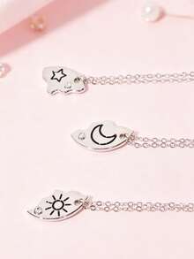3pcs/Set Children's Jewelry Sun Moon Star Matching Necklace Silver Rhinestone Best Friend Friendship Gift - one-size - View 8