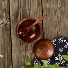 1pc Wooden Salt Cellar With Lid And Spoon, 3.5 Inch/9cm Wooden Salt Jar, Suitable For Kitchen Countertop, Unique Wooden Spice Container, Suitable For Home And Kitchen, 6oz Capacity - Brown - View 6
